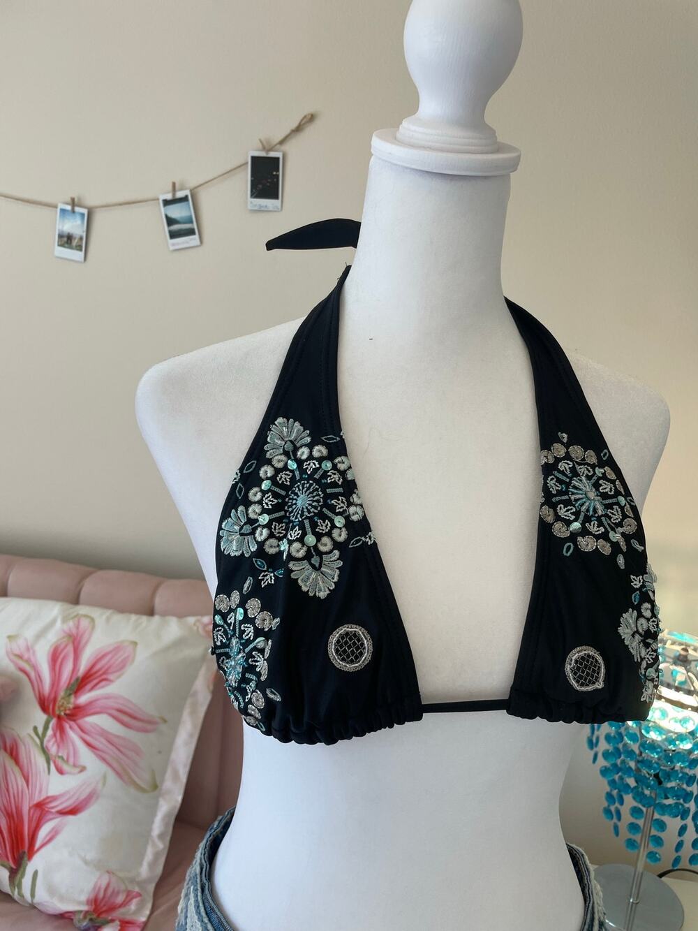 blue and black vintage embroidered and beaded swim top